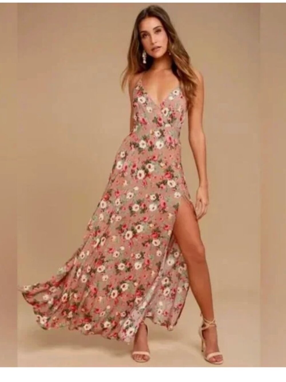 Lulu's Blush Floral Maxi Dress with Side Slit